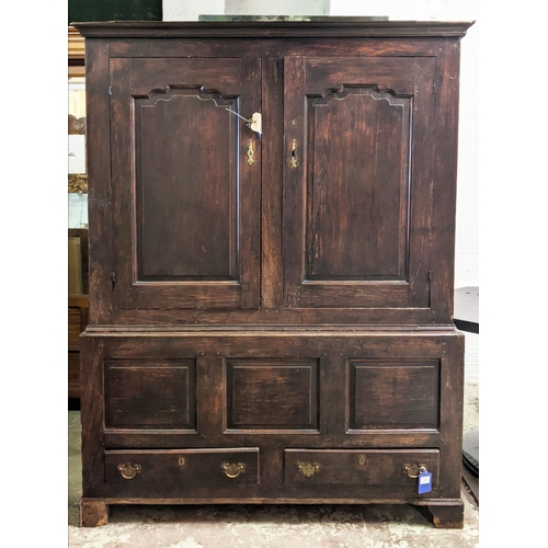 189 - PRESS CUPBOARD, 140cm W x 53cm D x 188cm H, early 18th century oak, with a pair of panelled doors en... 