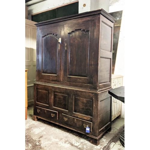 189 - PRESS CUPBOARD, 140cm W x 53cm D x 188cm H, early 18th century oak, with a pair of panelled doors en... 