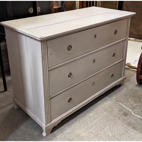 187 - COMMODE, 19th century Eastern European grey painted, with three drawers, 128.5cm x 62cm x 93.5cm.