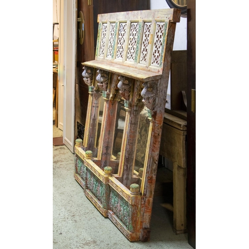 168 - ARCHITECTURAL MIRROR, 156cm H x 177cm x 20cm, Indian painted and carved hardwood.