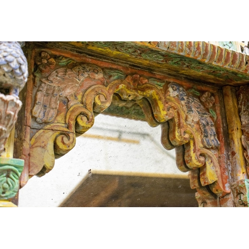 168 - ARCHITECTURAL MIRROR, 156cm H x 177cm x 20cm, Indian painted and carved hardwood.