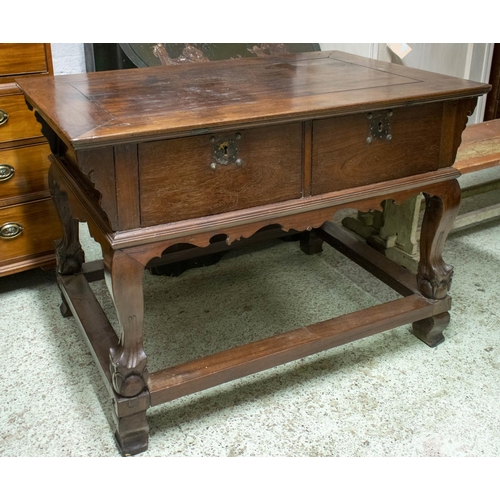 169 - CENTRE TABLE, 91cm H x 190cm x 81cm, 19th century Asian teak with two drawers.