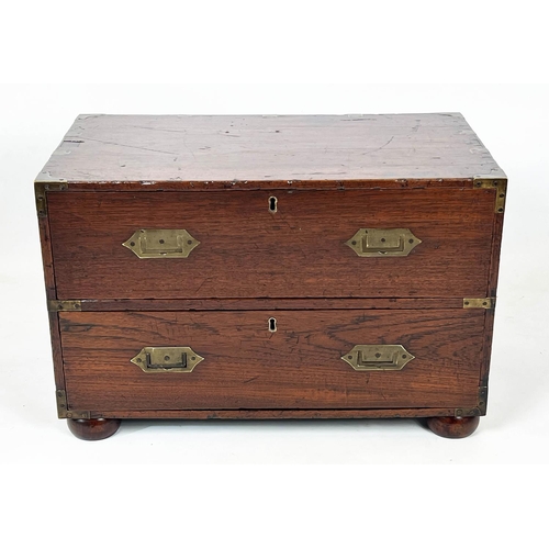 165 - LOW CAMPAIGN CHEST, 47cm H x 74cm W x 45cm D, 19th century teak, and brass bound of two drawers with... 