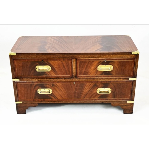 167 - LOW CAMPAIGN STYLE CHEST, 52cm H x 92cm W x 41cm D, mahogany and brass bound of three drawers.