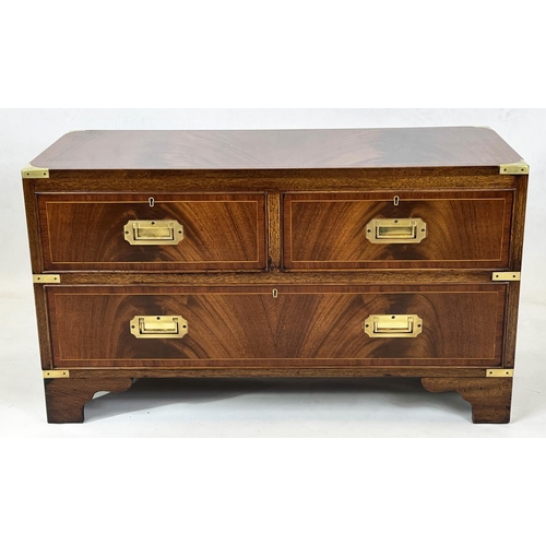 167 - LOW CAMPAIGN STYLE CHEST, 52cm H x 92cm W x 41cm D, mahogany and brass bound of three drawers.