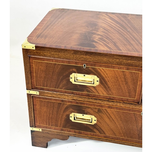 167 - LOW CAMPAIGN STYLE CHEST, 52cm H x 92cm W x 41cm D, mahogany and brass bound of three drawers.