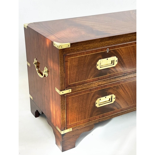 167 - LOW CAMPAIGN STYLE CHEST, 52cm H x 92cm W x 41cm D, mahogany and brass bound of three drawers.