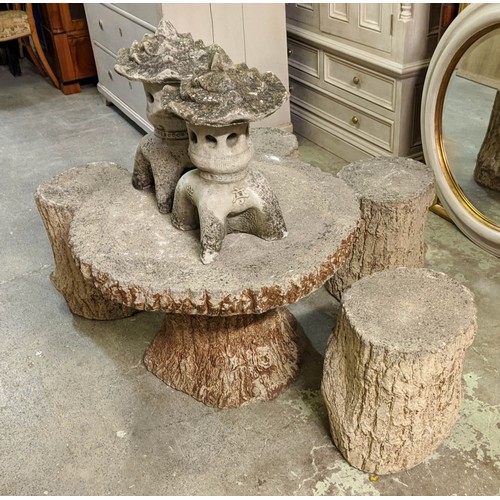 157 - GARDEN TABLE, 57cm H x 77cm D, naturalistic design, reconstituted stone with four stools, 42cm H and... 