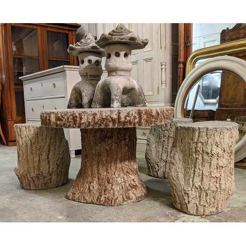 157 - GARDEN TABLE, 57cm H x 77cm D, naturalistic design, reconstituted stone with four stools, 42cm H and... 