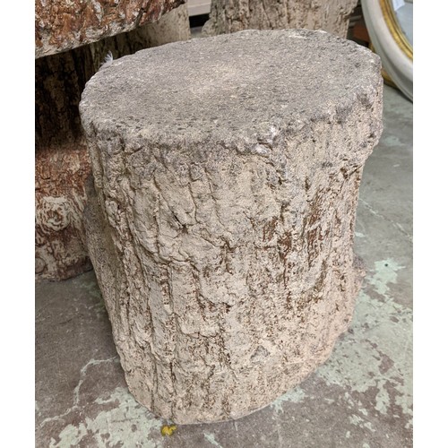 157 - GARDEN TABLE, 57cm H x 77cm D, naturalistic design, reconstituted stone with four stools, 42cm H and... 