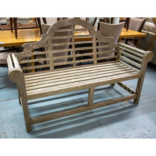 158 - LUTYENS STYLE GARDEN BENCH, 104cm H x 166cm W, teak.