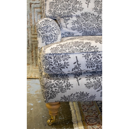 159 - SOFA, 86cm H x 190cm W, Mulberry grey foliate velvet on brass front castors.