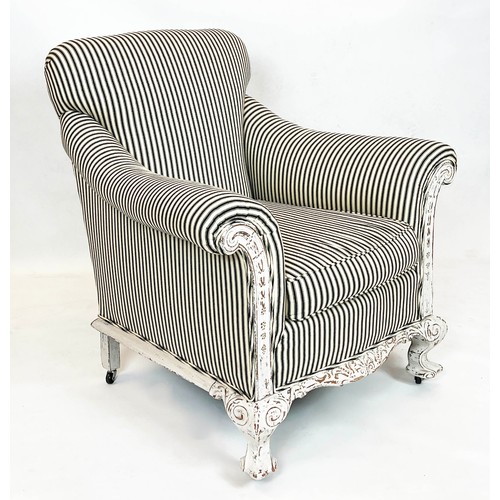 160 - ARMCHAIR, 92cm H x 88cm W, Georgian style white painted in black and white ticking upholstery on cas... 