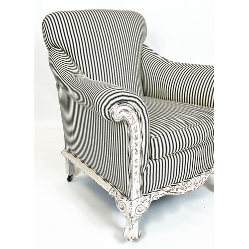 160 - ARMCHAIR, 92cm H x 88cm W, Georgian style white painted in black and white ticking upholstery on cas... 