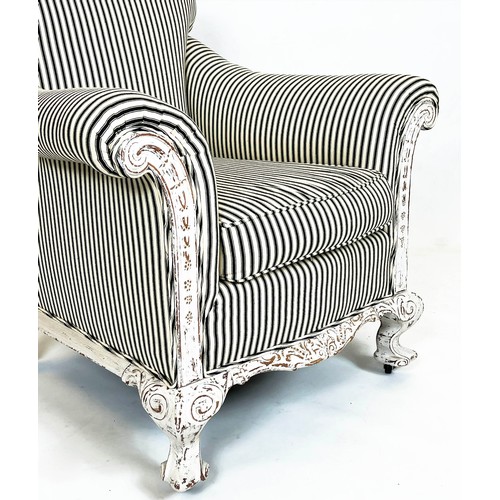 160 - ARMCHAIR, 92cm H x 88cm W, Georgian style white painted in black and white ticking upholstery on cas... 