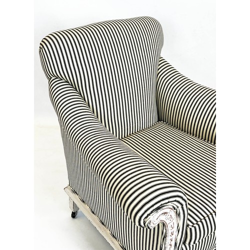 160 - ARMCHAIR, 92cm H x 88cm W, Georgian style white painted in black and white ticking upholstery on cas... 