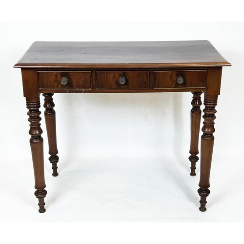 156 - SIDE TABLE, 85cm H x 101cm W x 51cm D, Victorian mahogany with three drawers.