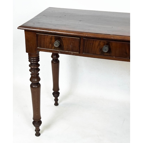 156 - SIDE TABLE, 85cm H x 101cm W x 51cm D, Victorian mahogany with three drawers.