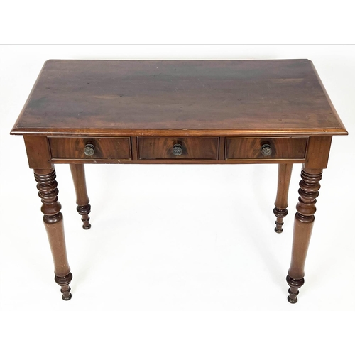 156 - SIDE TABLE, 85cm H x 101cm W x 51cm D, Victorian mahogany with three drawers.