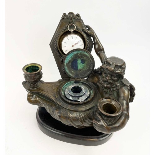 98 - MAISON GIROUX PARIS BRONZE WATCH STAND, late 19th century incorporating a central inkwell and two ca... 