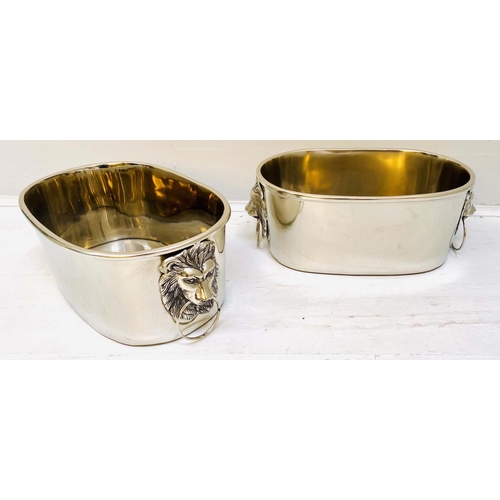 354 - CHAMPAGNE BATHS, a pair, 16cm high, 45cm wide, 26cm deep, lion head ring handles, polish metal. (2)