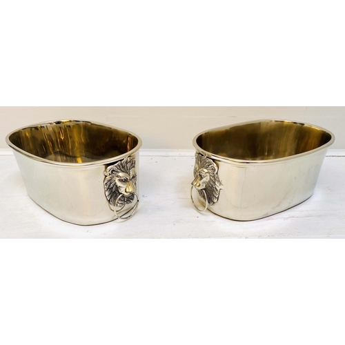 354 - CHAMPAGNE BATHS, a pair, 16cm high, 45cm wide, 26cm deep, lion head ring handles, polish metal. (2)