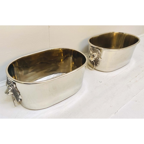 354 - CHAMPAGNE BATHS, a pair, 16cm high, 45cm wide, 26cm deep, lion head ring handles, polish metal. (2)