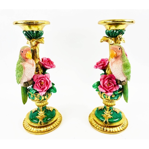 352 - PARROT FIGURAL GARNITURE, a pair, 30cm high, 13cm diameter, painted resin. (2)