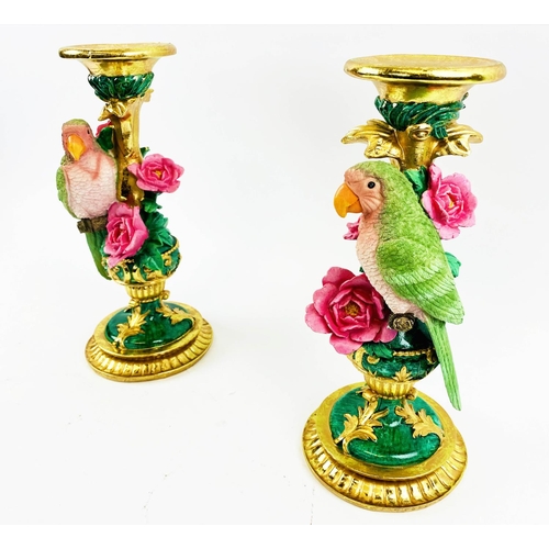 352 - PARROT FIGURAL GARNITURE, a pair, 30cm high, 13cm diameter, painted resin. (2)