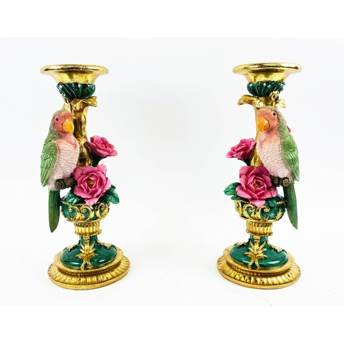 352 - PARROT FIGURAL GARNITURE, a pair, 30cm high, 13cm diameter, painted resin. (2)