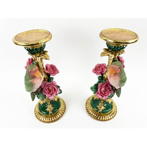 352 - PARROT FIGURAL GARNITURE, a pair, 30cm high, 13cm diameter, painted resin. (2)