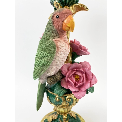 352 - PARROT FIGURAL GARNITURE, a pair, 30cm high, 13cm diameter, painted resin. (2)