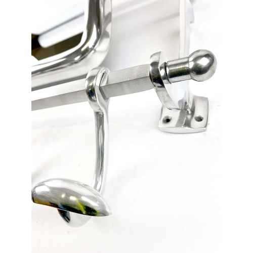 349 - WALL MOUNTING LUGGAGE RACK, 54cm H x 67cm W x 36cm D, polished metal, with articulated mirror and co... 