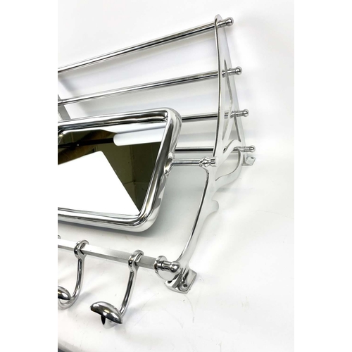 349 - WALL MOUNTING LUGGAGE RACK, 54cm H x 67cm W x 36cm D, polished metal, with articulated mirror and co... 