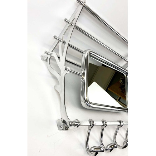 349 - WALL MOUNTING LUGGAGE RACK, 54cm H x 67cm W x 36cm D, polished metal, with articulated mirror and co... 