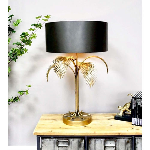 350 - PALM TREE TABLE LAMP, 74cm high, 45cm diameter, gilt frame black shade, battery powered.