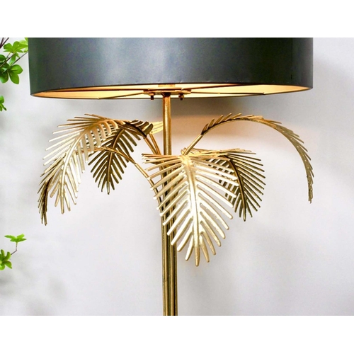 350 - PALM TREE TABLE LAMP, 74cm high, 45cm diameter, gilt frame black shade, battery powered.