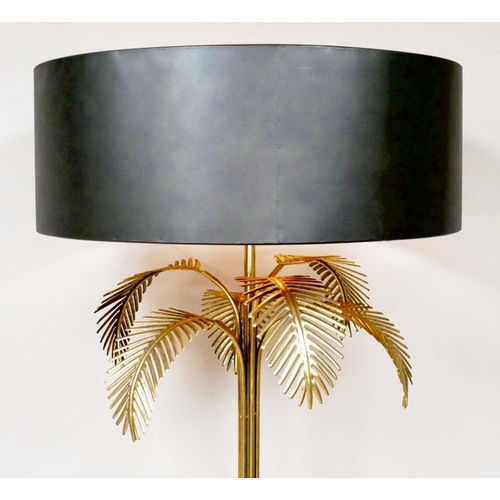 350 - PALM TREE TABLE LAMP, 74cm high, 45cm diameter, gilt frame black shade, battery powered.