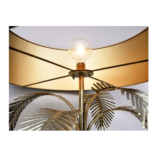 350 - PALM TREE TABLE LAMP, 74cm high, 45cm diameter, gilt frame black shade, battery powered.