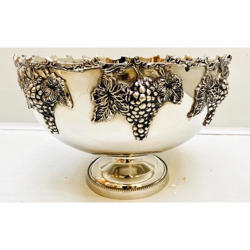 351 - CHAMPAGNE COOLER, 25cm H x 37cm diam., with grape vine detail, polished metal.