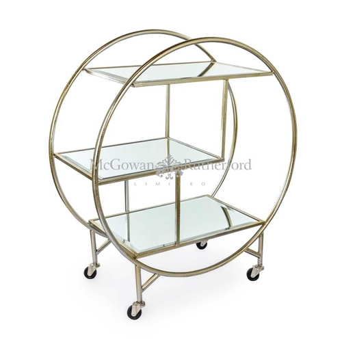 346 - COCKTAIL TROLLEY, 93cm H x 82cm W x 37cm D, Art Deco style, mirrored glass shelves, silver painted m... 