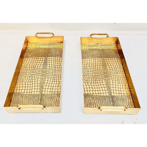 347 - COCKTAIL TRAYS, a pair, faux crocodile embossed gilt metal design, 8cm x 49cm x 23cm. (2)