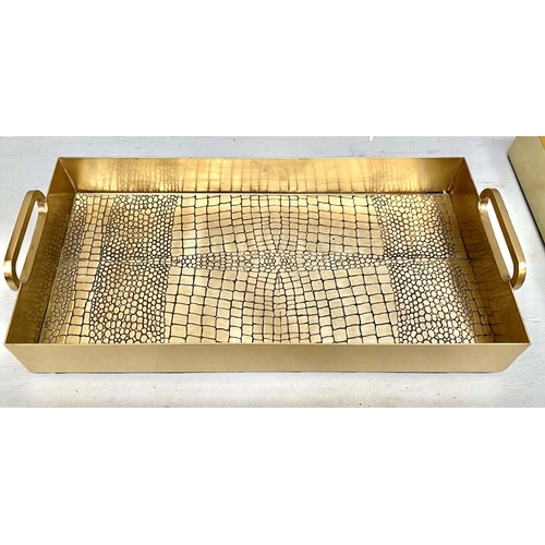 347 - COCKTAIL TRAYS, a pair, faux crocodile embossed gilt metal design, 8cm x 49cm x 23cm. (2)