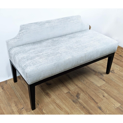 306 - WINDOW SEAT, grey fabric upholstered, ebonised supports, 105cm x 52cm x 62cm.