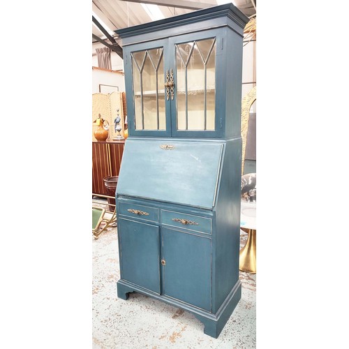 343 - BUREAU BOOKCASE, 182cm H x 78cm, blue painted.