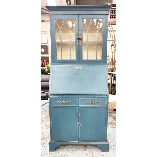 343 - BUREAU BOOKCASE, 182cm H x 78cm, blue painted.