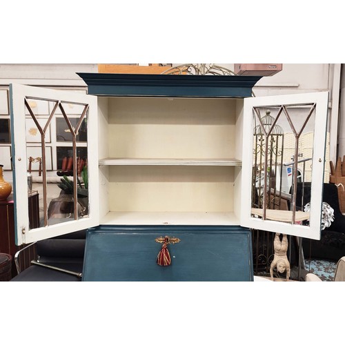 343 - BUREAU BOOKCASE, 182cm H x 78cm, blue painted.