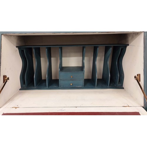 343 - BUREAU BOOKCASE, 182cm H x 78cm, blue painted.