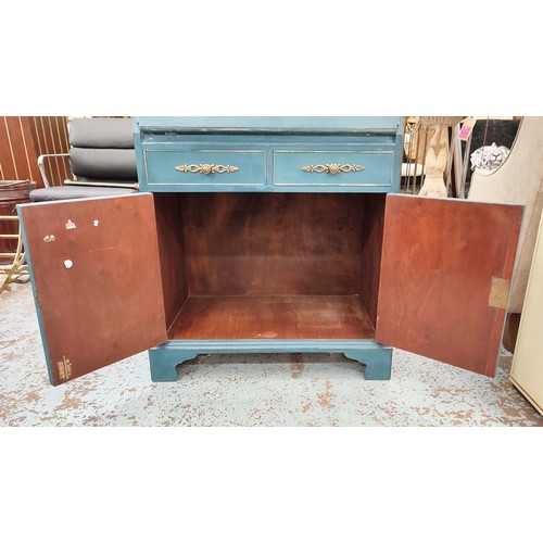 343 - BUREAU BOOKCASE, 182cm H x 78cm, blue painted.