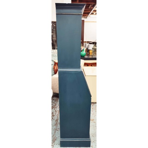 343 - BUREAU BOOKCASE, 182cm H x 78cm, blue painted.